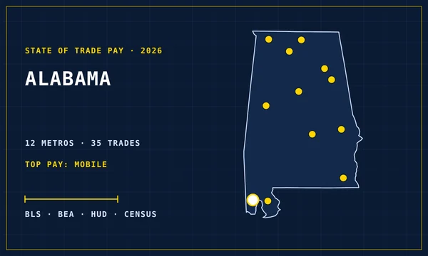 Blueprint-style map of Alabama with its metro areas marked, cover of the State of Trade Pay in Alabama report