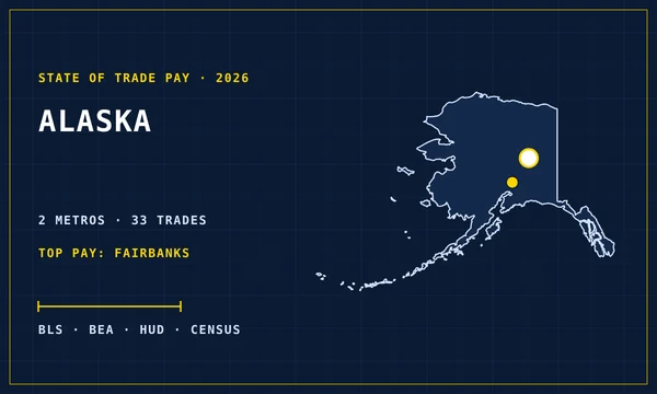 Blueprint-style map of Alaska with its metro areas marked, cover of the State of Trade Pay in Alaska report