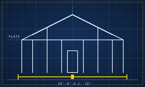 Blueprint-style drawing of a framed wall and roof with dimensions, illustrating concrete finisher work in Lansing, Michigan