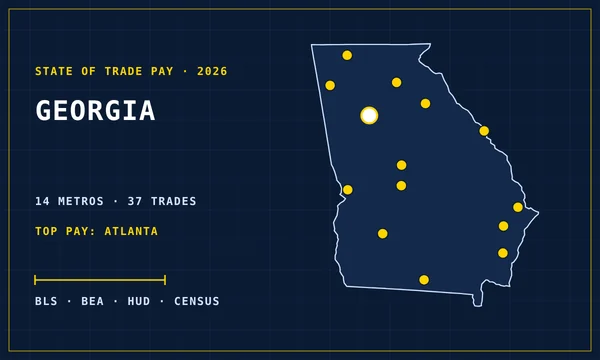 Blueprint-style map of Georgia with its metro areas marked, cover of the State of Trade Pay in Georgia report