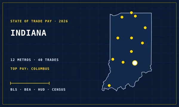 Blueprint-style map of Indiana with its metro areas marked, cover of the State of Trade Pay in Indiana report