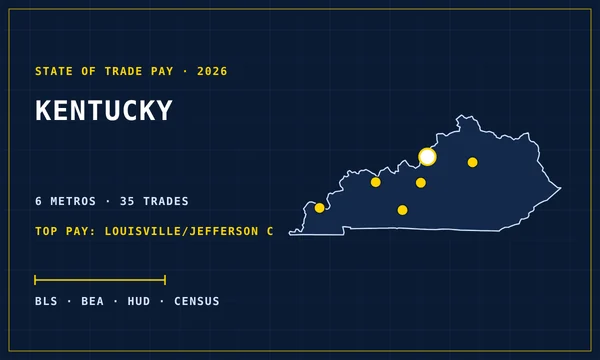 Blueprint-style map of Kentucky with its metro areas marked, cover of the State of Trade Pay in Kentucky report