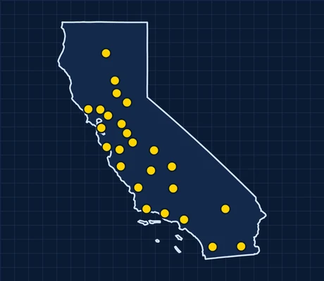 Map of California showing 25 metro areas with skilled trade pay data