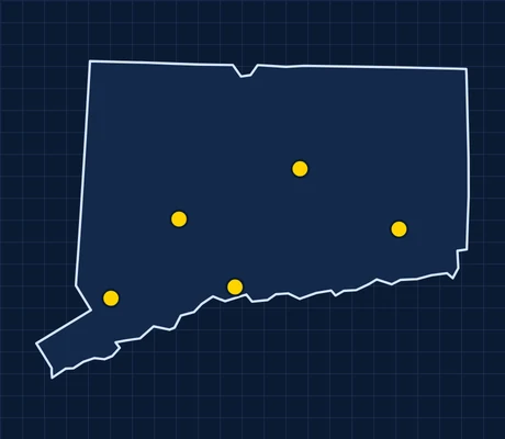 Map of Connecticut showing 5 metro areas with skilled trade pay data