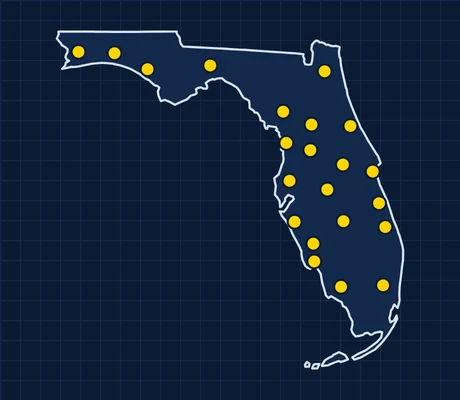 Map of Florida showing 22 metro areas with skilled trade pay data