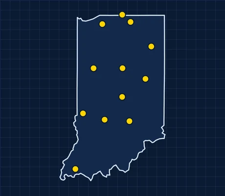 Map of Indiana showing 12 metro areas with skilled trade pay data