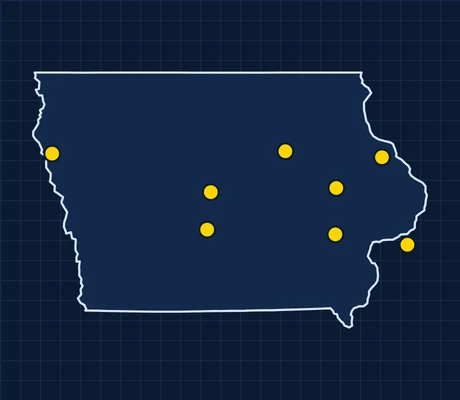 Map of Iowa showing 8 metro areas with skilled trade pay data