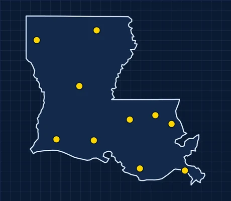 Map of Louisiana showing 10 metro areas with skilled trade pay data