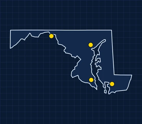 Map of Maryland showing 4 metro areas with skilled trade pay data