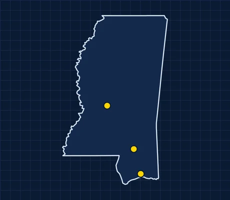 Map of Mississippi showing 3 metro areas with skilled trade pay data