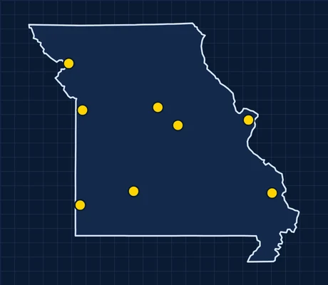 Map of Missouri showing 8 metro areas with skilled trade pay data