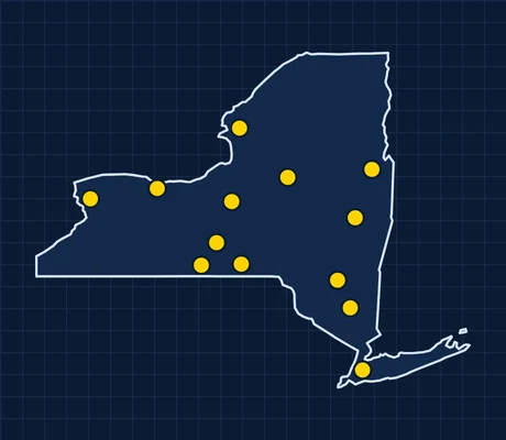 Map of New York showing 13 metro areas with skilled trade pay data