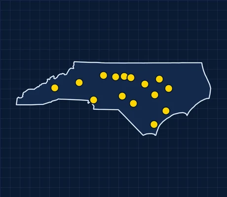 Map of North Carolina showing 15 metro areas with skilled trade pay data
