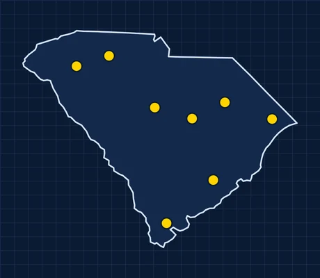 Map of South Carolina showing 8 metro areas with skilled trade pay data