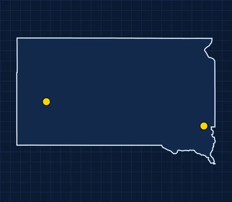 Map of South Dakota showing 2 metro areas with skilled trade pay data