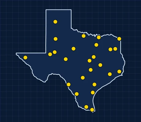 Map of Texas showing 26 metro areas with skilled trade pay data