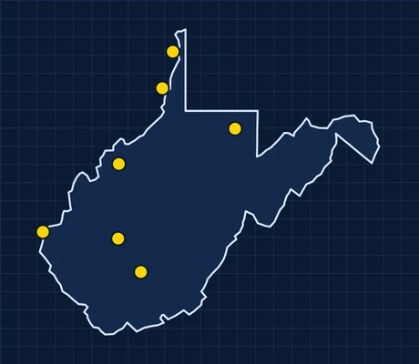 Map of West Virginia showing 7 metro areas with skilled trade pay data