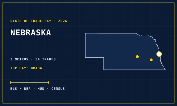 Blueprint-style map of Nebraska with its metro areas marked, cover of the State of Trade Pay in Nebraska report