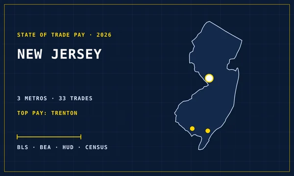 Blueprint-style map of New Jersey with its metro areas marked, cover of the State of Trade Pay in New Jersey report