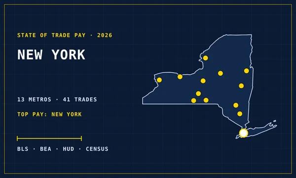 Blueprint-style map of New York with its metro areas marked, cover of the State of Trade Pay in New York report