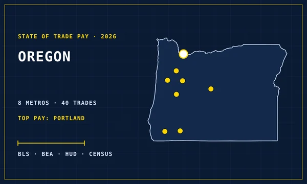 Blueprint-style map of Oregon with its metro areas marked, cover of the State of Trade Pay in Oregon report