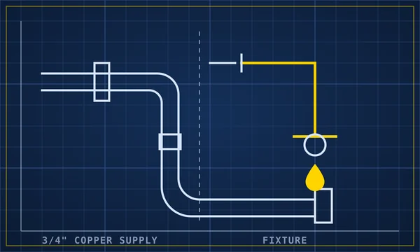 Blueprint-style drawing of a copper supply line running to a fixture, illustrating plumber work in Amarillo, Texas