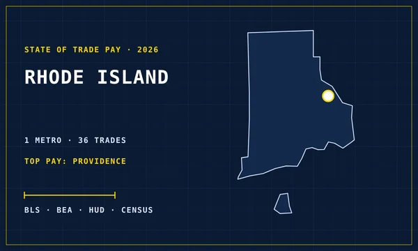 Blueprint-style map of Rhode Island with its metro areas marked, cover of the State of Trade Pay in Rhode Island report