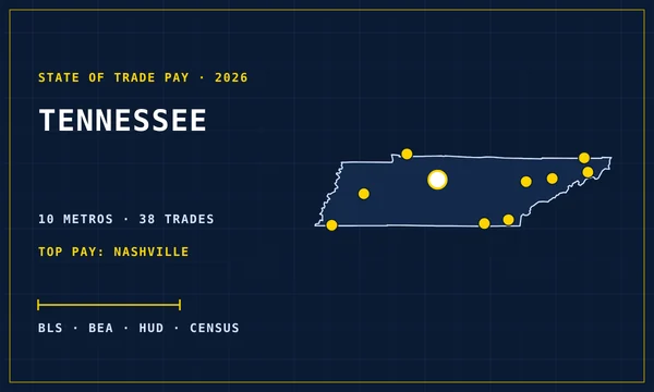 Blueprint-style map of Tennessee with its metro areas marked, cover of the State of Trade Pay in Tennessee report
