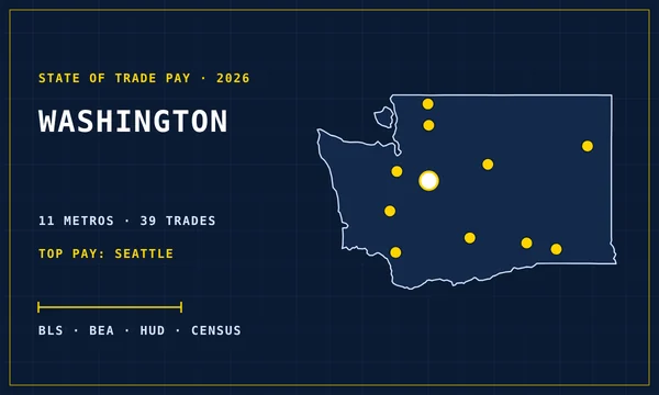 Blueprint-style map of Washington with its metro areas marked, cover of the State of Trade Pay in Washington report