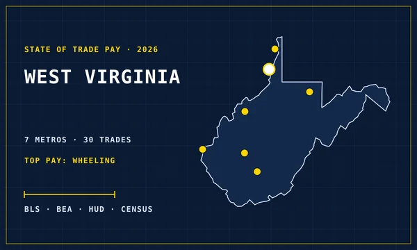 Blueprint-style map of West Virginia with its metro areas marked, cover of the State of Trade Pay in West Virginia report