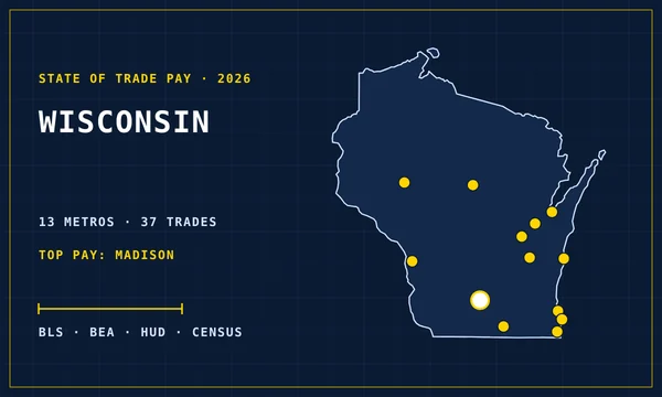 Blueprint-style map of Wisconsin with its metro areas marked, cover of the State of Trade Pay in Wisconsin report